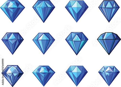 Twelve blue diamonds with varied facets and refraction arrangements on white background