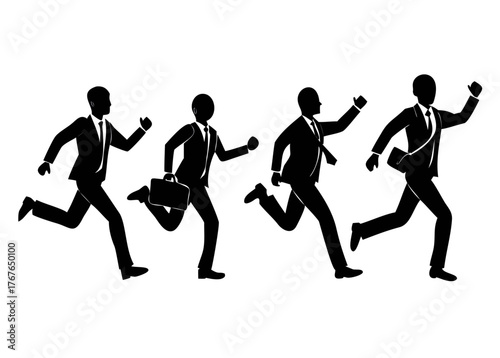 Silhouettes of business people running, jumping, winning full length front, side view. Vector black monochrome outline illustration isolated on transparent background . Avatar, icons for.