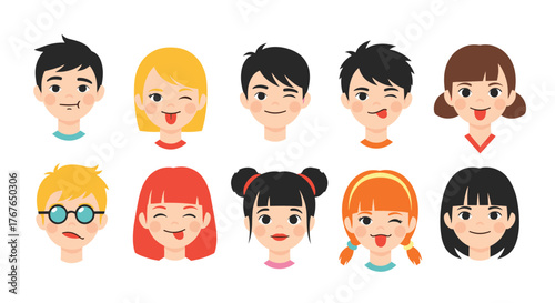 Collection of diverse cartoon children's faces expressing various playful emotions and silly expressions.