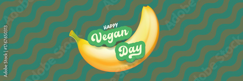 World Vegan day 1 November banner design template with banana. Vegan day green geometric banner with text and yellow banana fruit. Go Vegan. Green abstract geometric background.