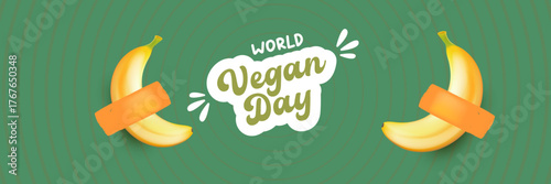 World Vegan day 1 November banner design template with banana. Vegan day green geometric banner with text and yellow banana fruit. Go Vegan. Green abstract geometric background.