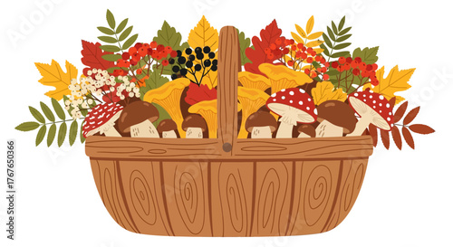 Autumn harvest basket with colorful mushrooms and leaves