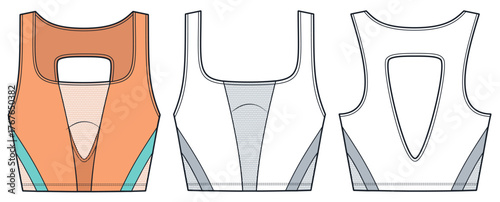 Crop Tank Top Fashion Flat Sketch. Sports Bra fashion flat technical drawing template, mesh trim, cutout back, slim fit, front and back view, white, orange, women Top CAD mockup.