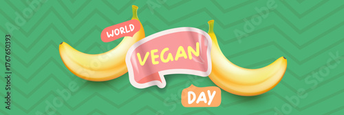 World Vegan day 1 November banner design template with banana. Vegan day green geometric banner with text and yellow banana fruit. Go Vegan. Green abstract geometric background.
