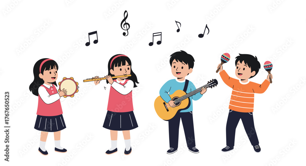 Fototapeta premium Children playing musical instruments in a band with musical notes floating above them.