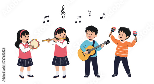 Children playing musical instruments in a band with musical notes floating above them.