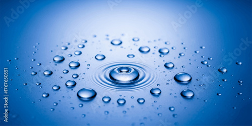 Blue surface with clear water droplets and macro reflection of nature