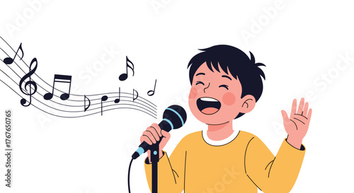 Young boy singing into a microphone with musical notes floating around him.