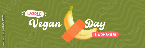 World Vegan day 1 November banner design template with banana. Vegan day green geometric banner with text and yellow banana fruit. Go Vegan. Green abstract geometric background.