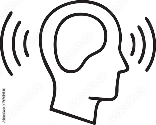 Illustration of a human head with sound waves emanating from it symbolizing thought or communication.