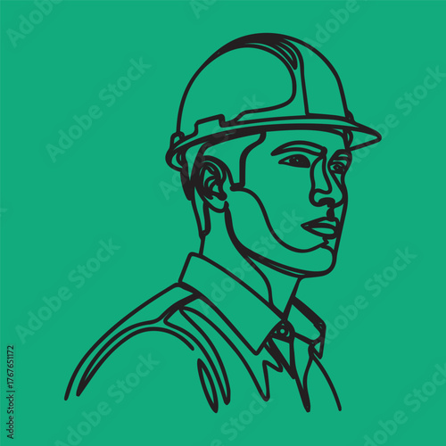 Minimalist single line drawing of a construction worker wearing a hard hat and safety vest