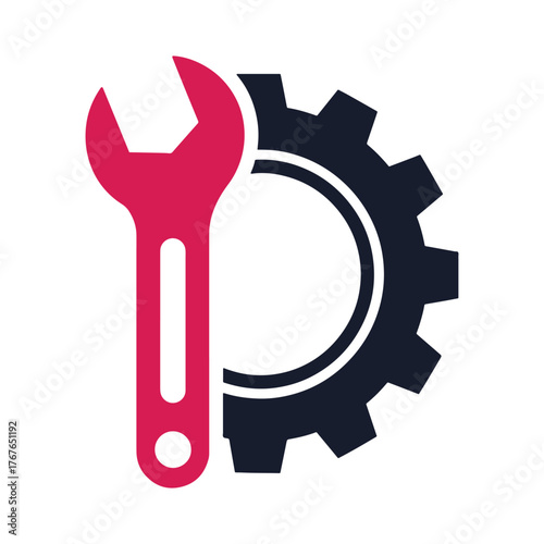 Red wrench tool and dark blue gear cog symbol on white background mechanical 1