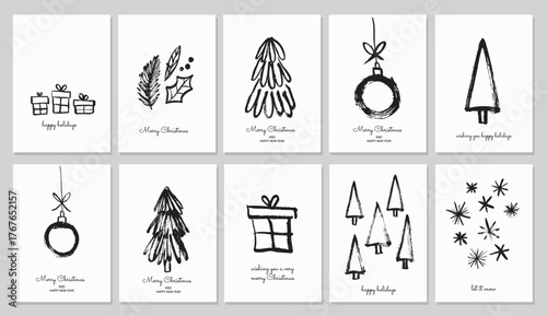 Set of hand drawn ink doodles style Christmas greeting cards. Raw grungy sketch style, black and white vector illustration. Rectangular A5 A4 print format. 