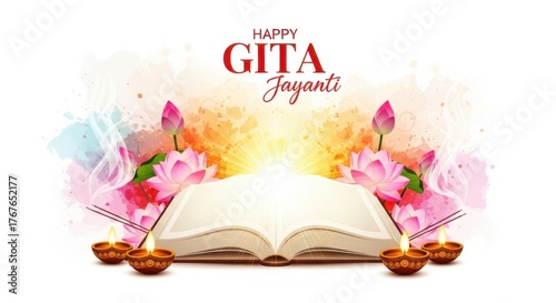 An open book with lotus flowers and diyas, celebrating happy gita jayanti, the birth anniversary of the bhagavad gita