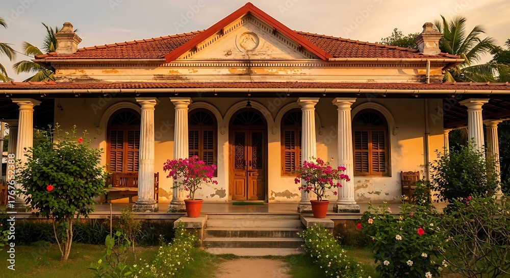 Fototapeta premium Historic colonial house architecture with garden landscape and vintage design elements