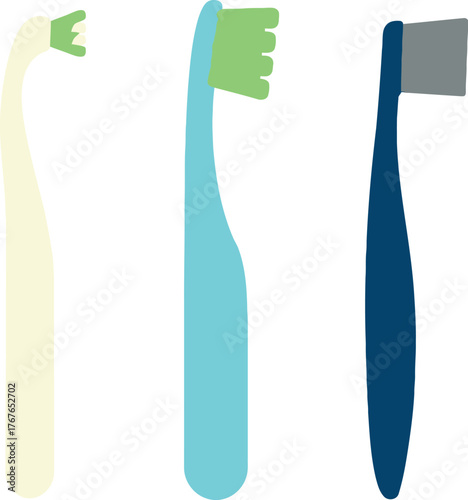 Three colorful toothbrushes against a white background representing oral hygiene and dental care for a healthy lifestyle