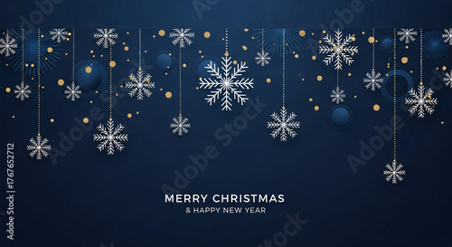 Elegant Snowflake Decorations Hanging on Dark Blue Background with Gold Bokeh Lights