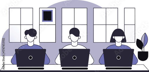 Three diverse coworkers working on laptops at a desk with transparent background