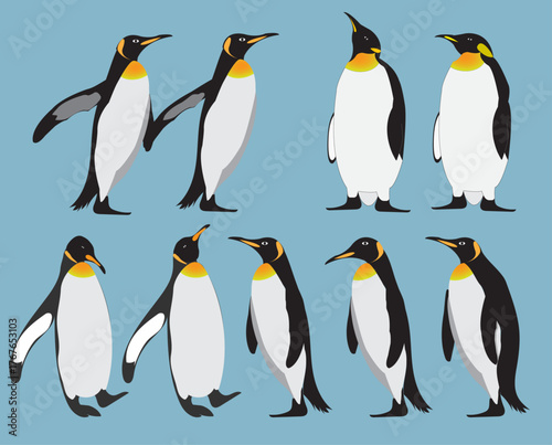 A set of polar penguins in various poses. Vector illustration on an isolated blue background. Elements for the design of winter banners, posters, wall decor, cover
