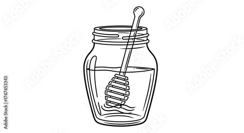 Line art honey jar with dipper: minimalist black and white design