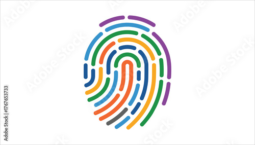 Colorful fingerprint graphic with abstract curved lines on white background identity security