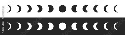 Phases of the moon icon set in black and white, showing the lunar cycle from new moon to full moon