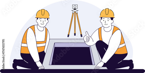 Two construction workers kneeling near a manhole with a theodolite showing thumbs up