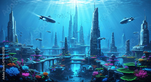 Futuristic Underwater City with Sleek Submarines and Vibrant Coral Reefs