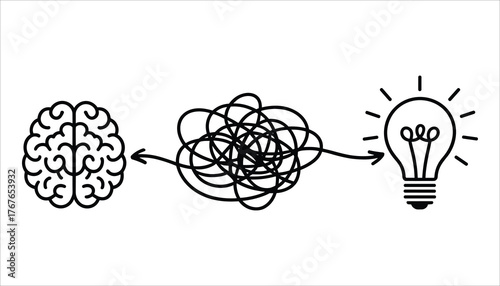Black line art brain connected by tangled line to glowing light bulb idea thinking