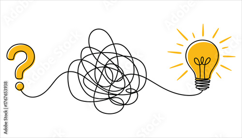 Yellow question mark tangled line leading to glowing light bulb on white idea thinking