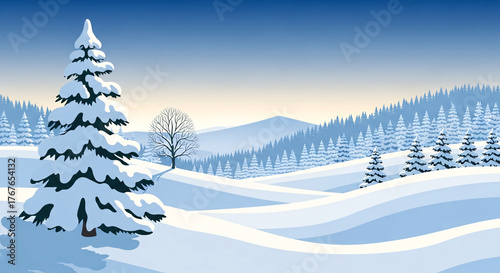 Snowy Evergreen Tree and Rolling Hills in Winter Landscape