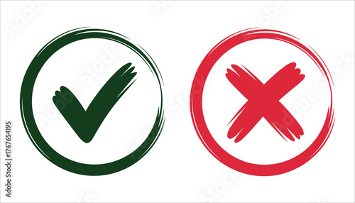 Green checkmark in circle and red cross in circle on white check mark x mark