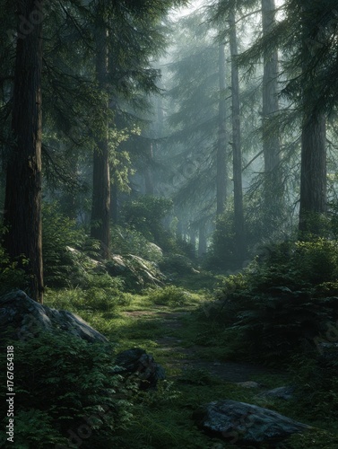 lush green forest scenery with dense trees and soft ambient light
