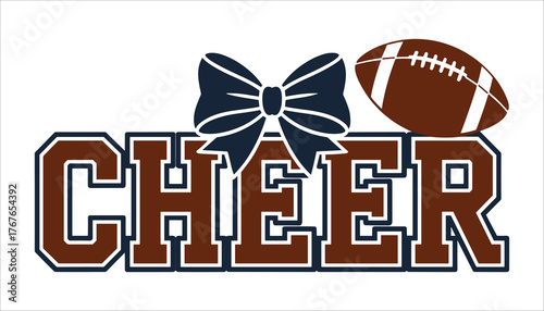 Brown and navy blue C H E R text with football and bow graphic cheer