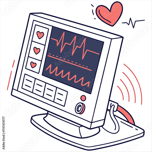 Vector illustration of an ECG heart monitor screen displaying a normal sinus rhythm heartbeat and pulse rate, symbolizing healthcare and medical technology.