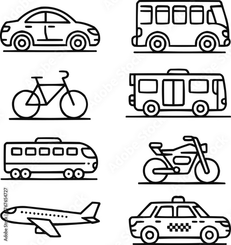 Global Travel and Vehicle Outline Icons Air, Land, and Road Transport Symbols