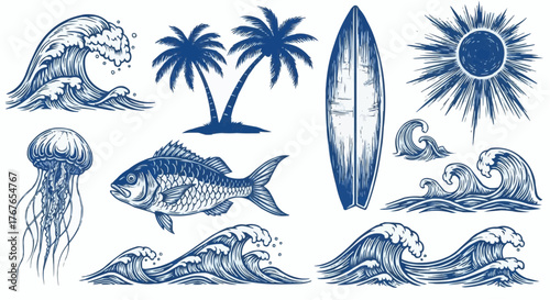 Illustration of ocean elements including waves, palm trees, surfboard, sun, fish and jellyfish