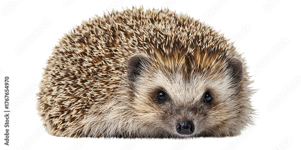 Obraz premium Close up portrait of a european hedgehog facing forward against a black background
