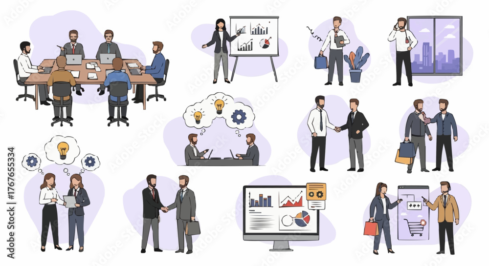Obraz premium Illustration of business people in meetings presentations and collaborations on white background