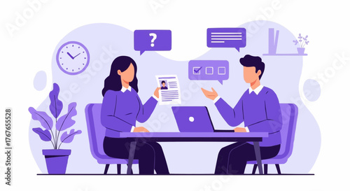 Illustration of a job interview with a woman holding a resume and a man with a laptop at a table