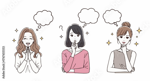 Illustration of three women with thought bubbles and sparkles expressing different emotions and ideas