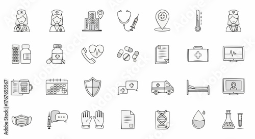 Illustration of various healthcare related icons including nurses, medical equipment and pharmaceuticals
