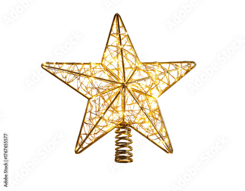 Golden Glitter Star Tree Topper with Sparkling Texture, Front-Facing View, Isolated PNG,And transparent the background.