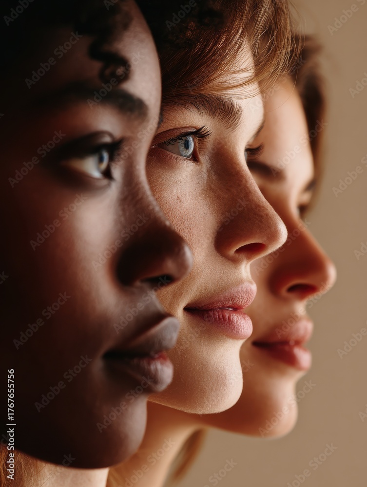 Obraz premium four women stand in a line each showcasing unique skin tones and features their profiles highlight the beauty of diversity in a minimalist studio with soft lighting celebrating individuality