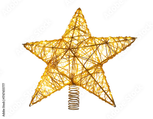  Golden Glitter Star Tree Topper with Sparkling Texture, Front-Facing View, Isolated PNG,And transparent the background.