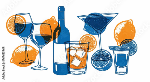Illustration of various alcoholic beverages with lemons and oranges in blue and orange colors