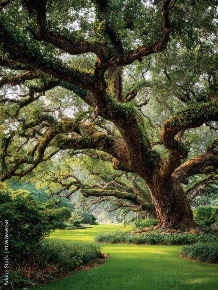 Fototapeta premium majestic live oak tree in a lush green park setting aweinspiring nature photography