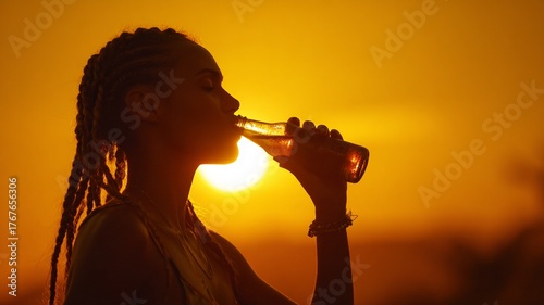 Silhouette of a young girl with dreadlocks in her hair, drinking straight from a bottle, with a sunset in the background, image with copyspace