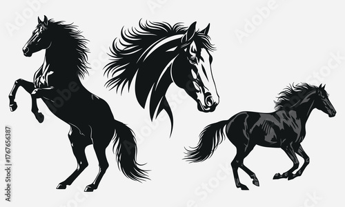 Horse Illustrations Silhouette Set of Energetic Equestrian Animal Art