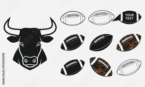A collection of American football illustrations and a powerful bull head mascot logo, ideal for sports team branding, icons, and athletic design elements